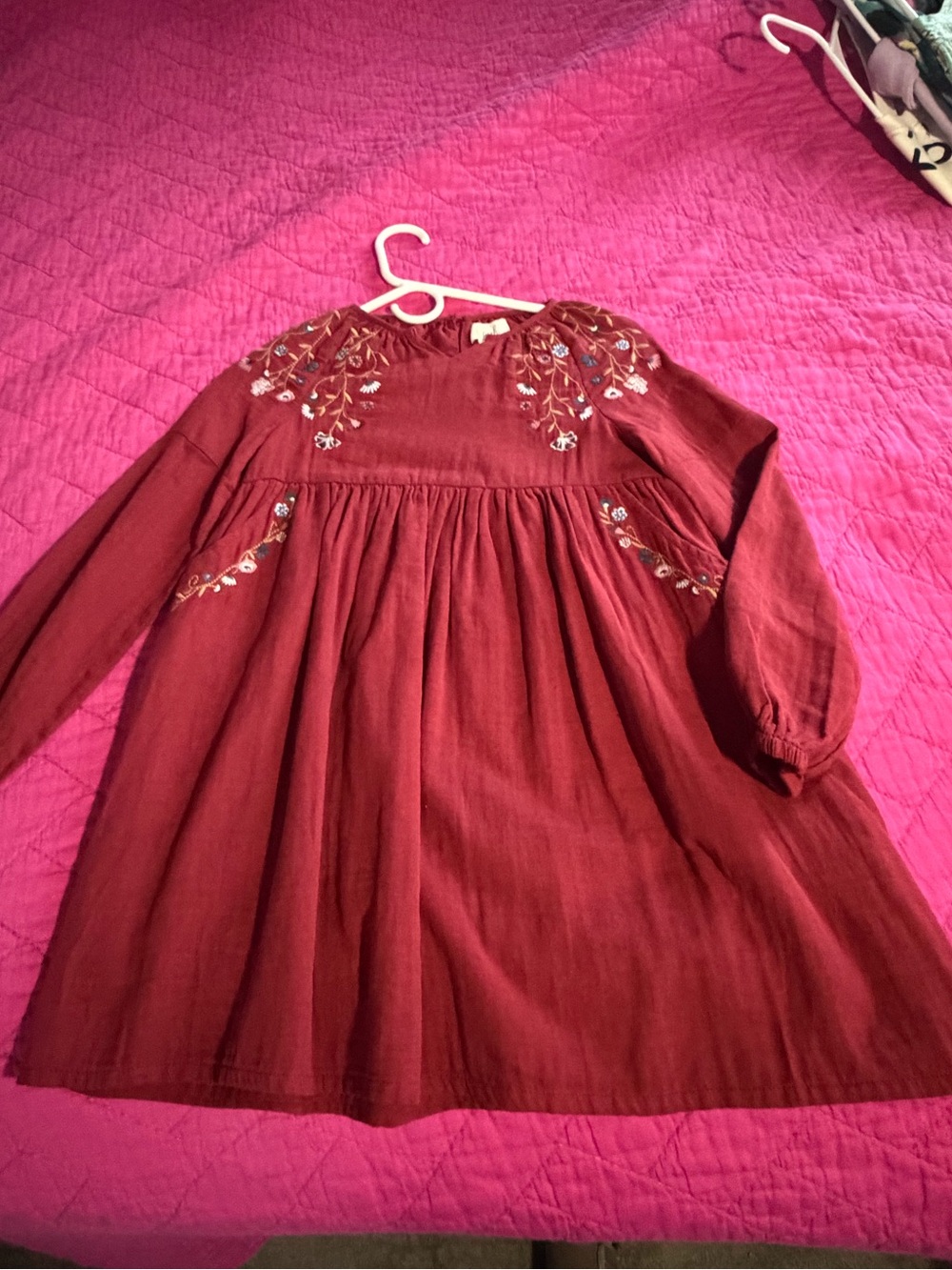 Girls Peek Burgundy Floral Embroidered Long-Sleeve Dress